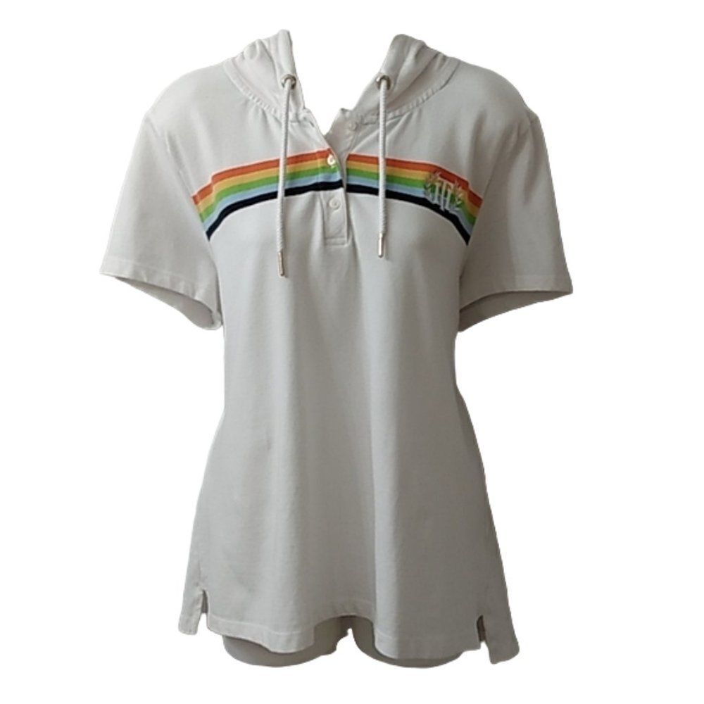 Tommy Hilfiger White with Rainbow Stripe Short Sleeve Hooded T-Shirt Tee Size XL - Picture 2 of 10